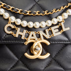 CH Pearl Logo Lambskin Flap Bag - Black